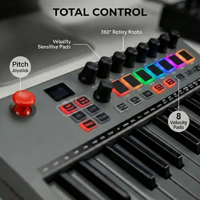 Alt view image 3 of 7 - RJMK25 25 Key USB MIDI Keyboard Controller with Drum Pads | Rechargeable USB MIDI controller with 25 velocity sensitive mini keys, 8 backlit drum pads and 8 control knobs