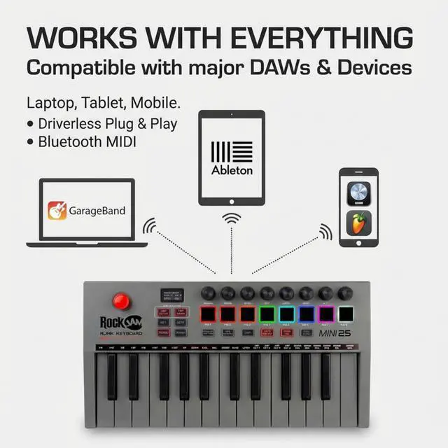 Alt view image 4 of 7 - RJMK25 25 Key USB MIDI Keyboard Controller with Drum Pads | Rechargeable USB MIDI controller with 25 velocity sensitive mini keys, 8 backlit drum pads and 8 control knobs