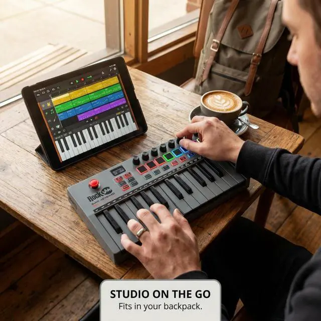 Alt view image 5 of 7 - RJMK25 25 Key USB MIDI Keyboard Controller with Drum Pads | Rechargeable USB MIDI controller with 25 velocity sensitive mini keys, 8 backlit drum pads and 8 control knobs