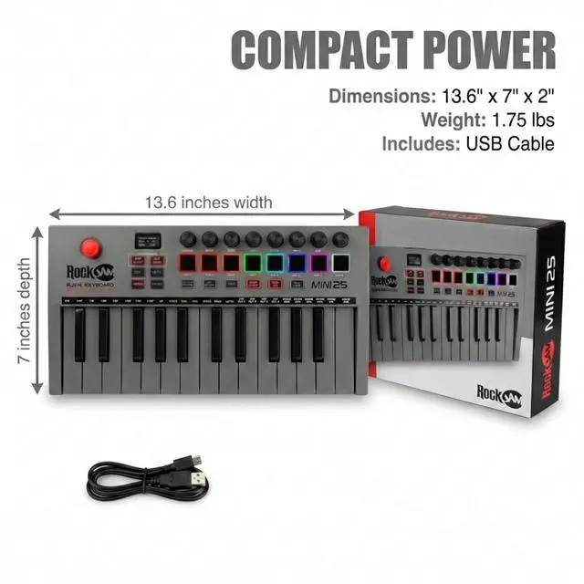 Alt view image 7 of 7 - RJMK25 25 Key USB MIDI Keyboard Controller with Drum Pads | Rechargeable USB MIDI controller with 25 velocity sensitive mini keys, 8 backlit drum pads and 8 control knobs