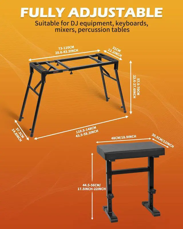 Alt view image 6 of 7 - Collapsible Piano Keyboard Stand & Bench Set, Portable Digital Piano Stand for 54-88 Key Electric Pianos & Adjustable Piano Bench, Music Keyboard Bench Seat, Chair, Black, SKT-01 & SPB-M60