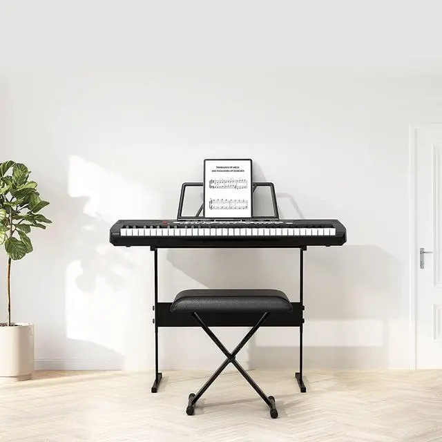 Alt view image 2 of 7 - 61-Key Electronic Keyboard Piano for Beginners, Complete Home Digital Piano Set with Microphone, Headphones, Adjustable x-Stand, Stool, Sheet Music Holder, and Note Stickers, Ideal Starter Kit