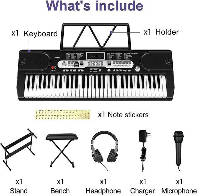Alt view image 5 of 7 - 61-Key Electronic Keyboard Piano for Beginners, Complete Home Digital Piano Set with Microphone, Headphones, Adjustable x-Stand, Stool, Sheet Music Holder, and Note Stickers, Ideal Starter Kit