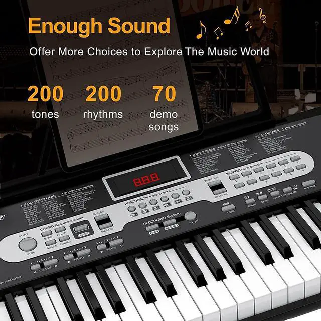 Alt view image 6 of 7 - 61-Key Electronic Keyboard Piano for Beginners, Complete Home Digital Piano Set with Microphone, Headphones, Adjustable x-Stand, Stool, Sheet Music Holder, and Note Stickers, Ideal Starter Kit