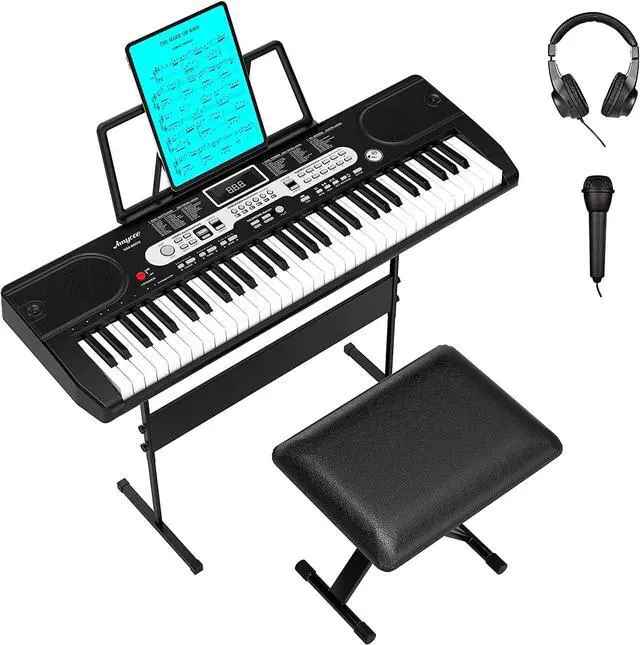 Alt view image 7 of 7 - 61-Key Electronic Keyboard Piano for Beginners, Complete Home Digital Piano Set with Microphone, Headphones, Adjustable x-Stand, Stool, Sheet Music Holder, and Note Stickers, Ideal Starter Kit