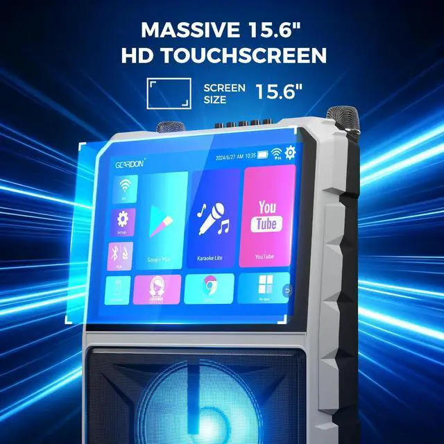 Alt view image 2 of 7 - 15.6" Full HD Touch Screen Karaoke Machine for Adults | Karaoke System, Lyrics Display, WiFi YouTube Video Playback, 2 Wireless Mics, Portable Bluetooth Speaker for Outdoor Party