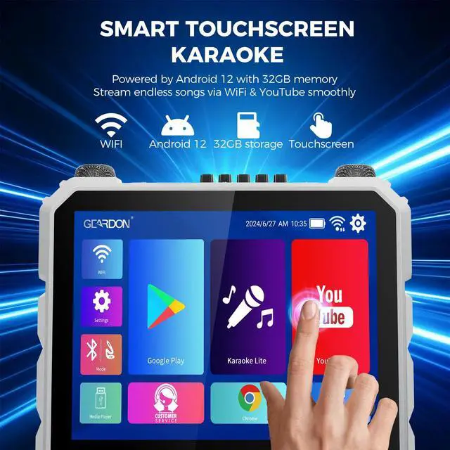 Alt view image 3 of 7 - 15.6" Full HD Touch Screen Karaoke Machine for Adults | Karaoke System, Lyrics Display, WiFi YouTube Video Playback, 2 Wireless Mics, Portable Bluetooth Speaker for Outdoor Party
