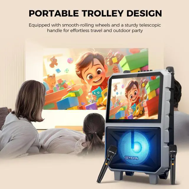 Alt view image 7 of 7 - 15.6" Full HD Touch Screen Karaoke Machine for Adults | Karaoke System, Lyrics Display, WiFi YouTube Video Playback, 2 Wireless Mics, Portable Bluetooth Speaker for Outdoor Party