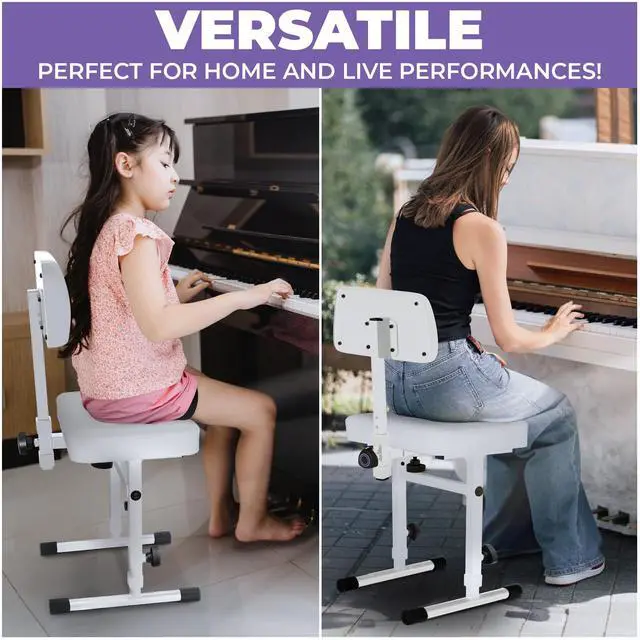 Alt view image 6 of 6 - White Adjustable Piano Bench with Backrest Music Keyboard Bench Seat for Digital & Electric Pianos - Musicians Stylish Seating, Comfortable, Sturdy, Padded Cushion - Piano Stool Chair
