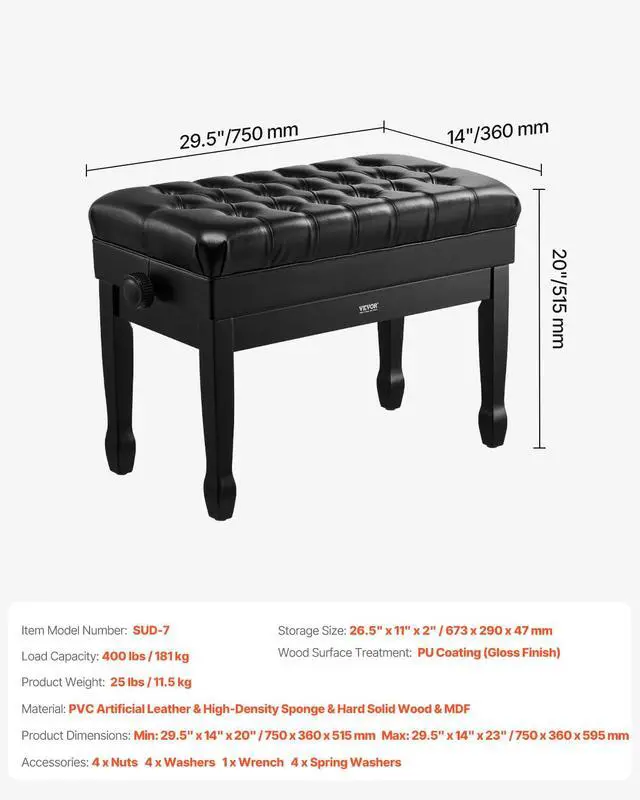 Alt view image 3 of 7 - Piano Bench, 29.5" x 14" x 20.3", Duet Keyboard Piano Chair with 20.3"-23.4 Adjustable Height, Padded Cushion, Storage Compartment for Music Books, Wooden Piano Stool Seat, for Vanity, Bedroom