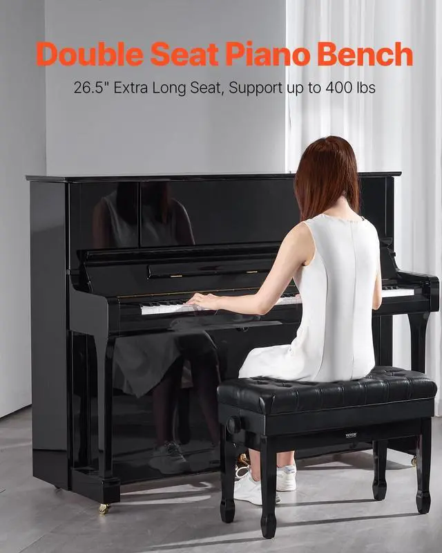 Alt view image 4 of 7 - Piano Bench, 29.5" x 14" x 20.3", Duet Keyboard Piano Chair with 20.3"-23.4 Adjustable Height, Padded Cushion, Storage Compartment for Music Books, Wooden Piano Stool Seat, for Vanity, Bedroom