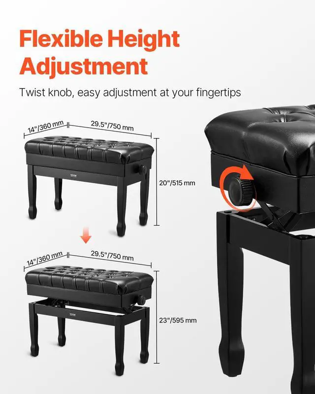 Alt view image 6 of 7 - Piano Bench, 29.5" x 14" x 20.3", Duet Keyboard Piano Chair with 20.3"-23.4 Adjustable Height, Padded Cushion, Storage Compartment for Music Books, Wooden Piano Stool Seat, for Vanity, Bedroom