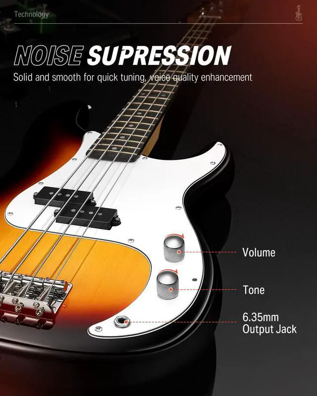 Alt view image 3 of 7 - Electric Bass Guitar 4 Strings Full-Size Standard Bass PB-Style Beginner Kit Sunburst for Starter with Free Online Lesson Gig Bag Guitar Strap and Guitar Cable, DPB-510S