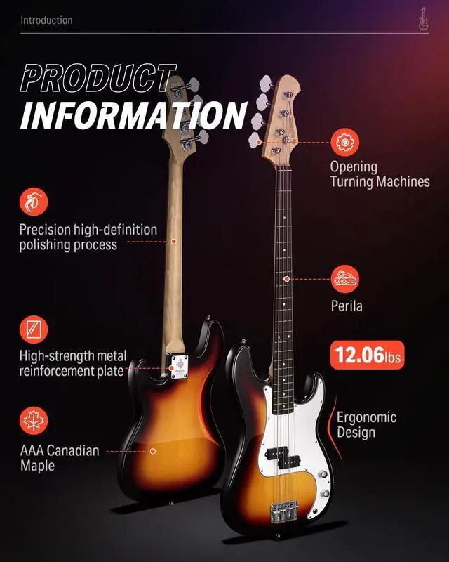 Alt view image 4 of 7 - Electric Bass Guitar 4 Strings Full-Size Standard Bass PB-Style Beginner Kit Sunburst for Starter with Free Online Lesson Gig Bag Guitar Strap and Guitar Cable, DPB-510S