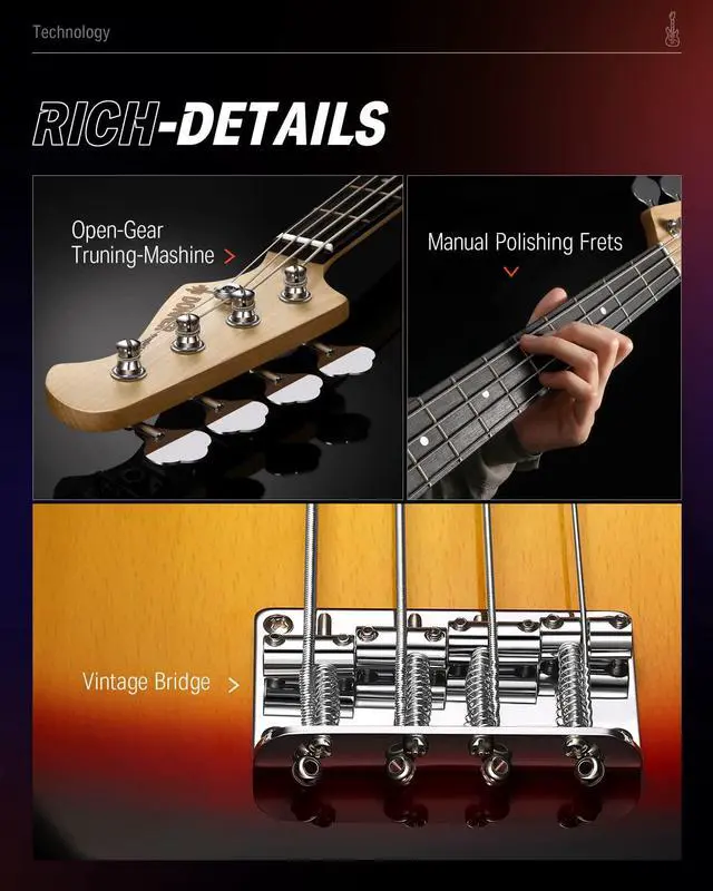 Alt view image 5 of 7 - Electric Bass Guitar 4 Strings Full-Size Standard Bass PB-Style Beginner Kit Sunburst for Starter with Free Online Lesson Gig Bag Guitar Strap and Guitar Cable, DPB-510S
