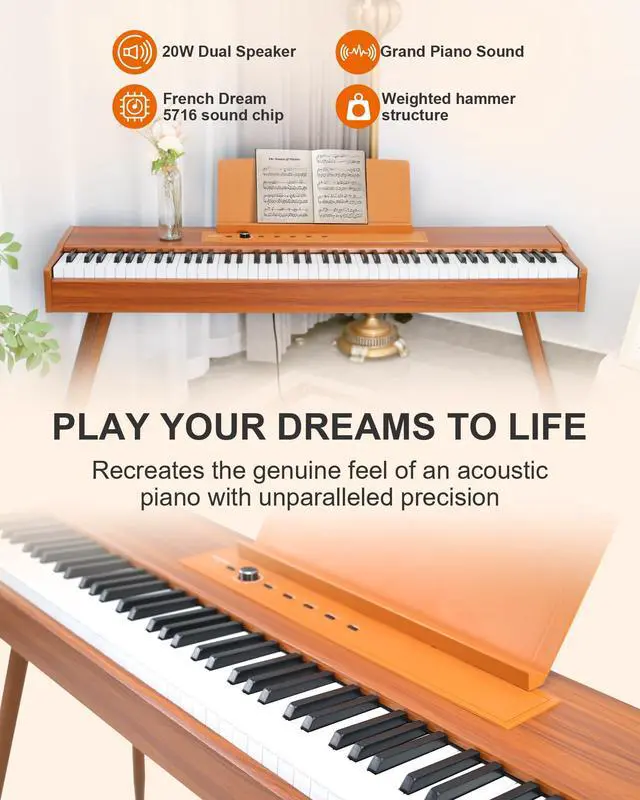 Alt view image 2 of 7 - 88 Key Full Weighted Electric Piano Keyboard with Stand-Professional Digital Piano, Full-Size Hammer-Action Keyboard for Beginners, with Sheet Music Stand, Pedal, USB-MIDI & Headphone Mode