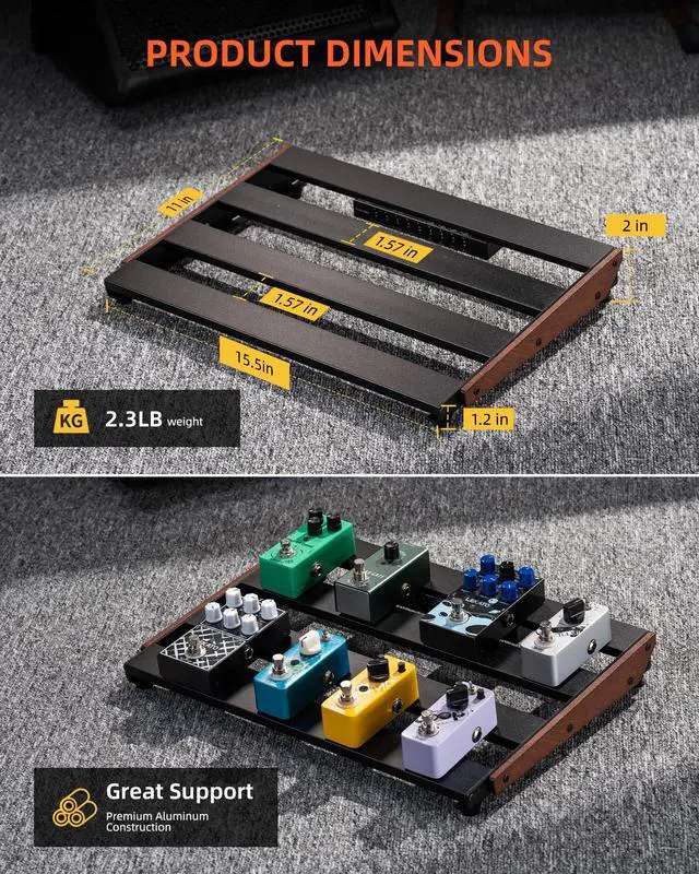 Alt view image 6 of 7 - Pedal board, Guitar Pedal Board with Built-in Power Supply, 15.5x11x2" 2.1LB, Aluminium Alloy Powered PedalBoard with Carry Bag, Pedal Cables, Adhesive Hookside Tape