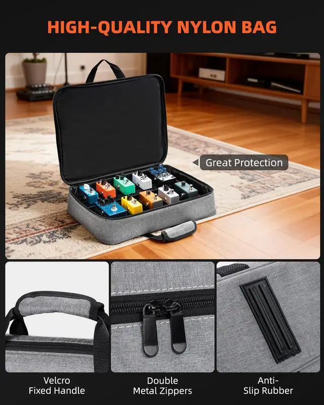 Alt view image 7 of 7 - Pedal board, Guitar Pedal Board with Built-in Power Supply, 15.5x11x2" 2.1LB, Aluminium Alloy Powered PedalBoard with Carry Bag, Pedal Cables, Adhesive Hookside Tape