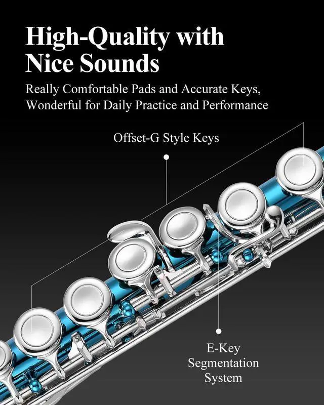 Alt view image 3 of 7 - Closed Hole 16 Keys Flute for Beginner Kids Student with Fingering Chart, Cleaning Kit, Stand, Case, Gloves, Tuning Rod, Sky Blue, EFL-1SB