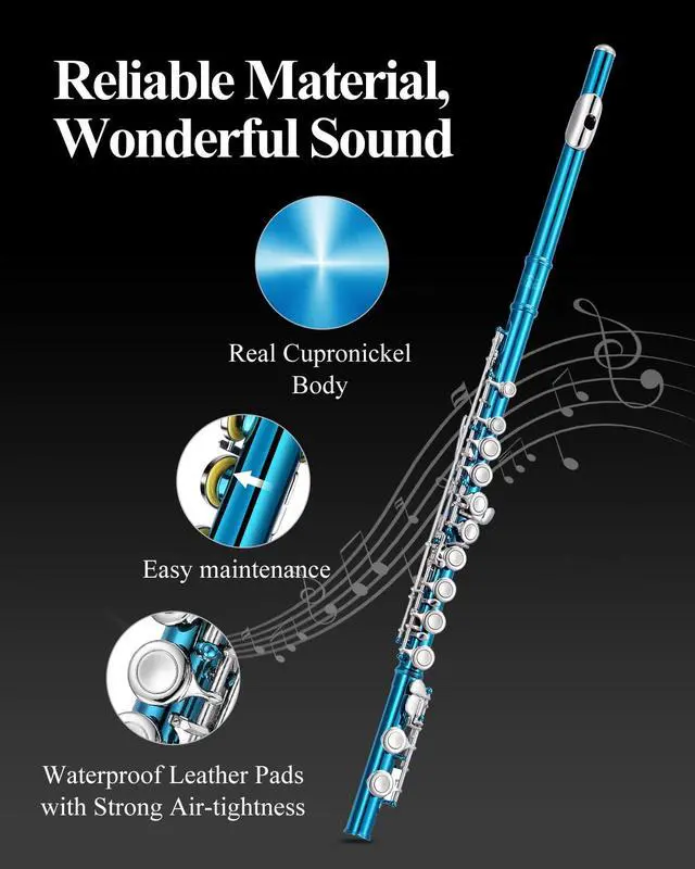 Alt view image 5 of 7 - Closed Hole 16 Keys Flute for Beginner Kids Student with Fingering Chart, Cleaning Kit, Stand, Case, Gloves, Tuning Rod, Sky Blue, EFL-1SB