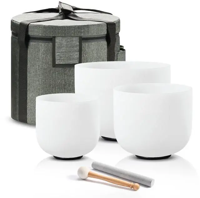 Main image of CRYSTAL SINGING BOWLS SET of 3 432HZ 6"A 7"C 8"F | Frosted White Quartz Chakra Set of 3 with Carry Case Bag for Sound Healing Yoga and Meditation