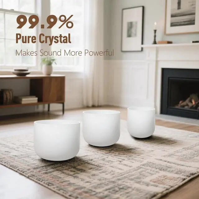 Alt view image 3 of 6 - CRYSTAL SINGING BOWLS SET of 3 432HZ 6"A 7"C 8"F | Frosted White Quartz Chakra Set of 3 with Carry Case Bag for Sound Healing Yoga and Meditation