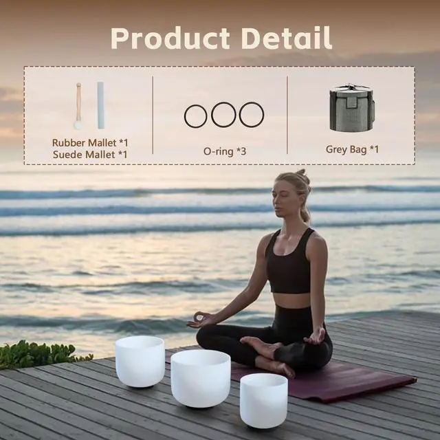 Alt view image 6 of 6 - CRYSTAL SINGING BOWLS SET of 3 432HZ 6"A 7"C 8"F | Frosted White Quartz Chakra Set of 3 with Carry Case Bag for Sound Healing Yoga and Meditation
