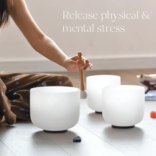 Alt view image 2 of 6 - CRYSTAL SINGING BOWLS SET of 3 432HZ 6"A 7"C 8"F | Frosted White Quartz Chakra Set of 3 with Carry Case Bag for Sound Healing Yoga and Meditation