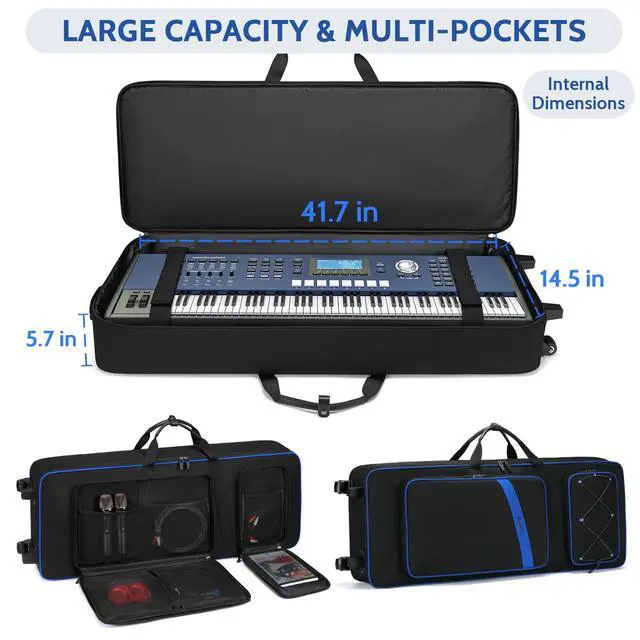 Alt view image 2 of 6 - 61 Key Keyboard Case with Wheels, Internal Size: 41.7"x 14.5"x 5.7", Waterproof Padded Rolling Gig Bag Keyboard Piano Case for 61 Key Piano Keyboard (Blue)