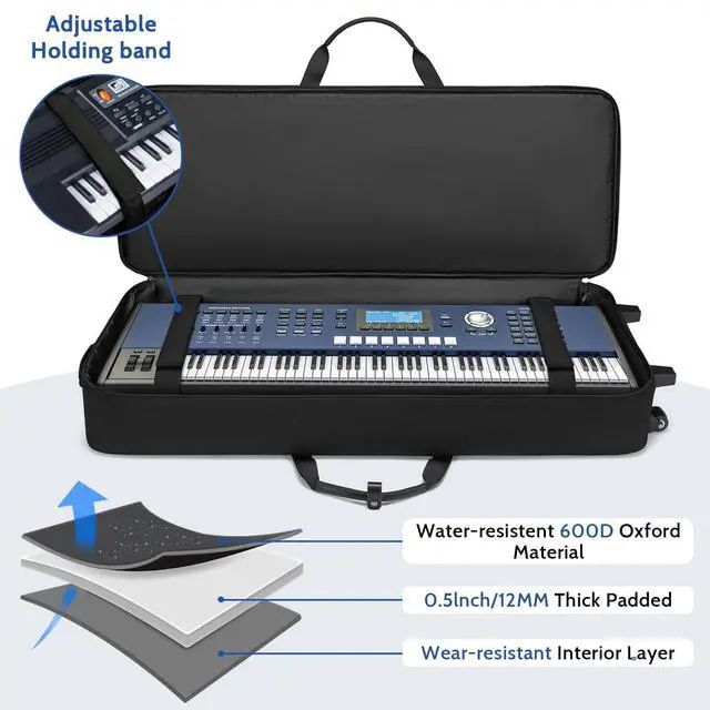Alt view image 3 of 6 - 61 Key Keyboard Case with Wheels, Internal Size: 41.7"x 14.5"x 5.7", Waterproof Padded Rolling Gig Bag Keyboard Piano Case for 61 Key Piano Keyboard (Blue)