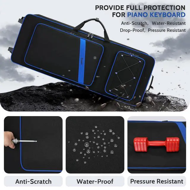 Alt view image 4 of 6 - 61 Key Keyboard Case with Wheels, Internal Size: 41.7"x 14.5"x 5.7", Waterproof Padded Rolling Gig Bag Keyboard Piano Case for 61 Key Piano Keyboard (Blue)