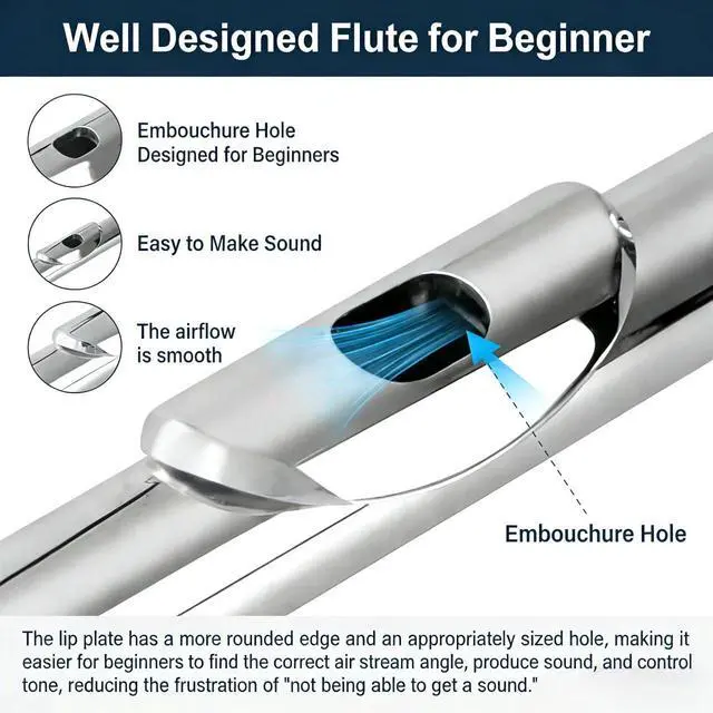 Alt view image 2 of 6 - C Flute 16 Key Closed Hole - Beginner Flute to Professional Concert Flute | Nickel/Silver Plated Flute Instrument with Cleaning Kit, Case & Tuning Rod | Flutes for Beginners, Students & Professional