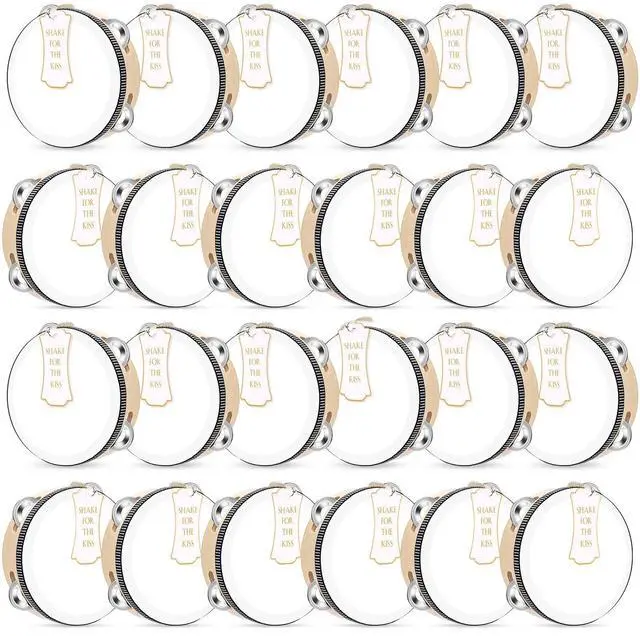 Main image of 24 Set 6 Inch Tambourine for Adults Wooden Hand Held Drum with Metal Jingles, Gift Tags, White I Love You Printed Ribbon Percussion Gift Musical Instrument for Church Wedding Party Favor(black)