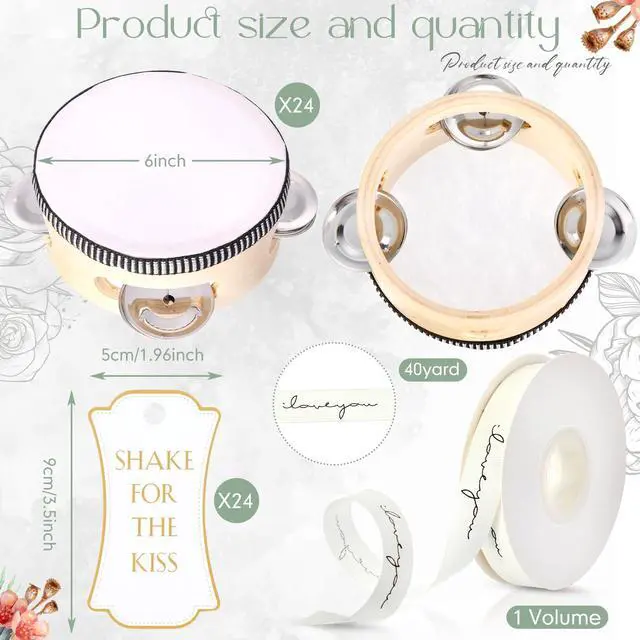Alt view image 2 of 7 - 24 Set 6 Inch Tambourine for Adults Wooden Hand Held Drum with Metal Jingles, Gift Tags, White I Love You Printed Ribbon Percussion Gift Musical Instrument for Church Wedding Party Favor(black)