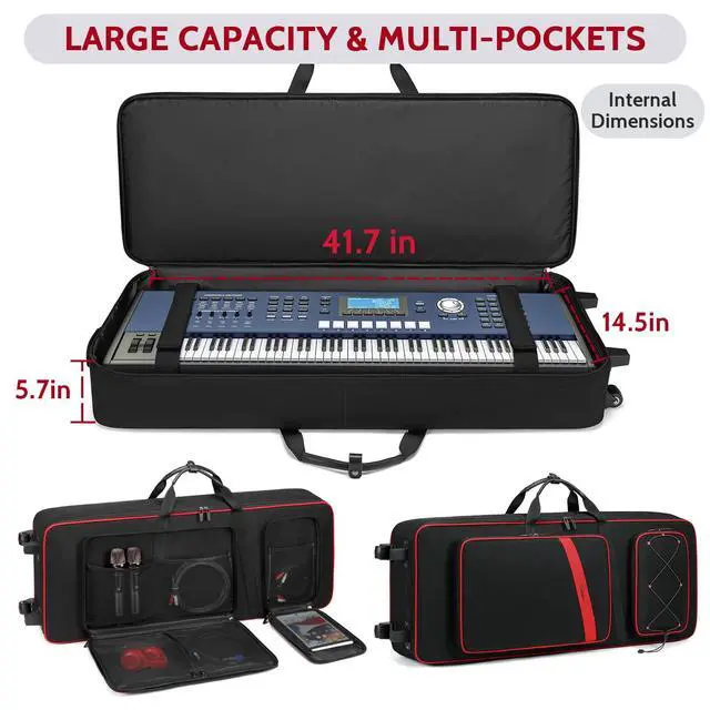 Alt view image 2 of 6 - 61 Key Keyboard Case with Wheels, Internal Size: 41.7"x 14.5"x 5.7", Waterproof Padded Rolling Gig Bag Keyboard Piano Case for 61 Key Piano Keyboard (Red)