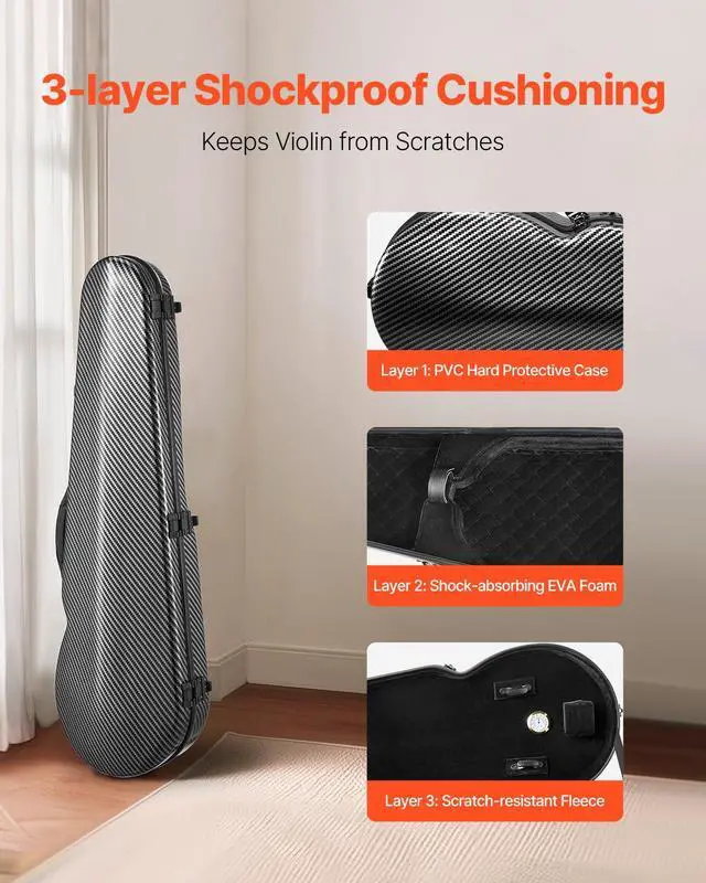 Alt view image 2 of 7 - 4/4 Full Size Violin Case, Built-in Hygrometer, Lightweight Portable Travel Carrying Bag, with Plush Lining, Dual Shoulder Straps, Anti-Scratch, Professional Triangular Shape, for Violin, Black