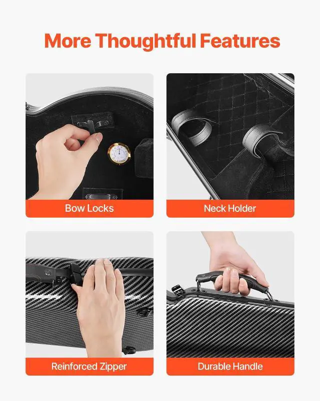 Alt view image 7 of 7 - 4/4 Full Size Violin Case, Built-in Hygrometer, Lightweight Portable Travel Carrying Bag, with Plush Lining, Dual Shoulder Straps, Anti-Scratch, Professional Triangular Shape, for Violin, Black
