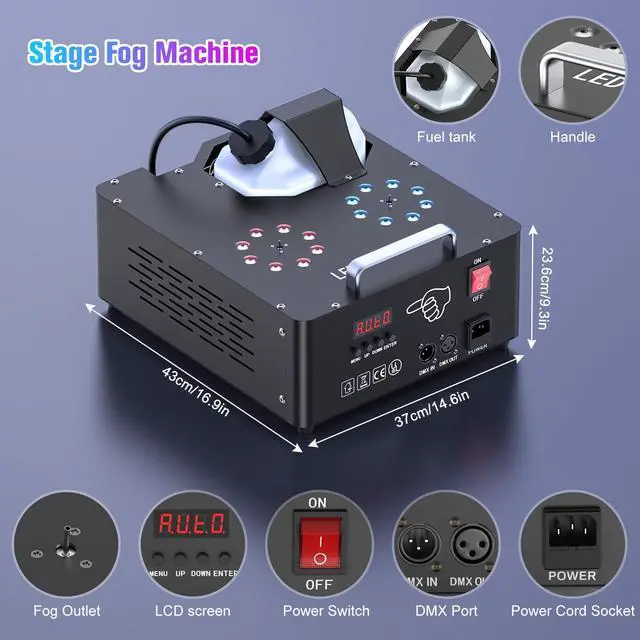 Alt view image 6 of 7 - 2000W Professional Fog Machine Dual Nozzle with 16 RGB LED, DMX Control Adjustable Smoke Direction, 2.5L Tank LCD Display 30000CFM for Halloween Christmas Stage DJ Party Club Events