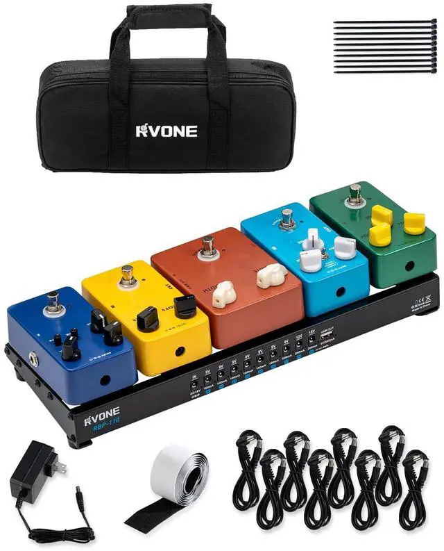 Main image of Guitar Pedal Board with Power Supply, 10 Isolated Outputs Aluminum Alloy Portable Board with Bag, Compact Mini Powered Pedalboard for Guitar Effects (14.5"x5.2", Black)