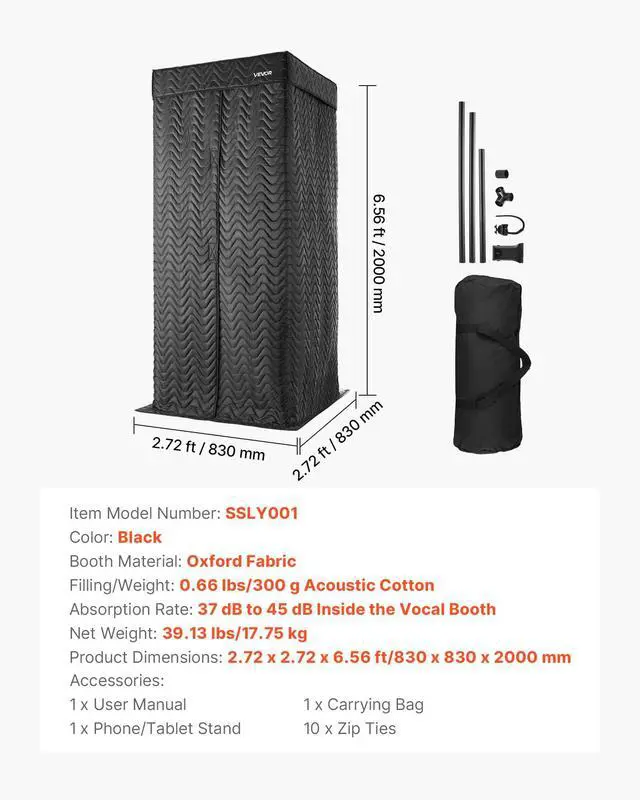 Alt view image 7 of 7 - Portable Vocal Booth, 6.56 ft Height, Portable Recording Studio with Travel Bag, Mobile Tablet Stand, Thickened Soundproofing, Sound Isolation Booth for Echo-Free Vocals, Podcasts, Voiceovers