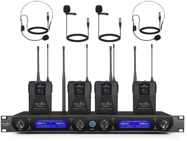 Main image of Wireless Microphone System 4 Bodypacks for Church Stage Class | UHF fixed, 400ft, 4 bodypacks (lav/head/lapel) for concert/class/church