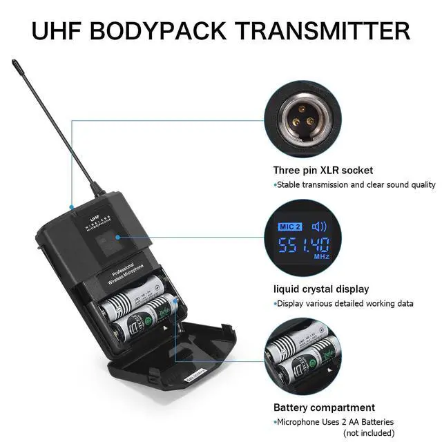 Alt view image 4 of 7 - Wireless Microphone System 4 Bodypacks for Church Stage Class | UHF fixed, 400ft, 4 bodypacks (lav/head/lapel) for concert/class/church