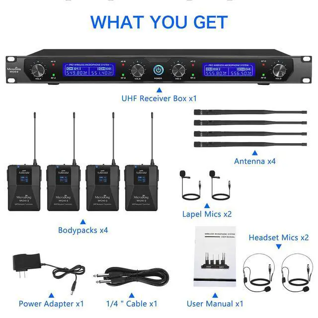 Alt view image 7 of 7 - Wireless Microphone System 4 Bodypacks for Church Stage Class | UHF fixed, 400ft, 4 bodypacks (lav/head/lapel) for concert/class/church