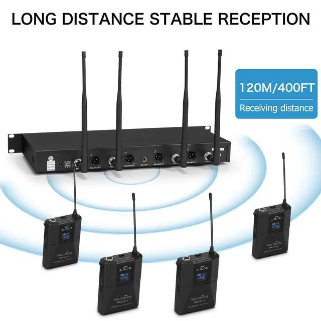 Alt view image 5 of 7 - Wireless Microphone System 4 Bodypacks for Church Stage Class | UHF fixed, 400ft, 4 bodypacks (lav/head/lapel) for concert/class/church