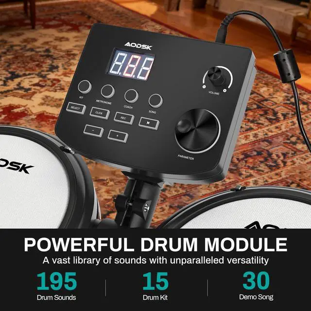 Alt view image 2 of 7 - Electric Drum Set with Quiet Mesh Pads,Electronic Drum for Beginner,USB MIDI,Throne,Headphones,Sticks, Included 15 Kits and 195 Sounds (AED-403-Teenagers Beginners)