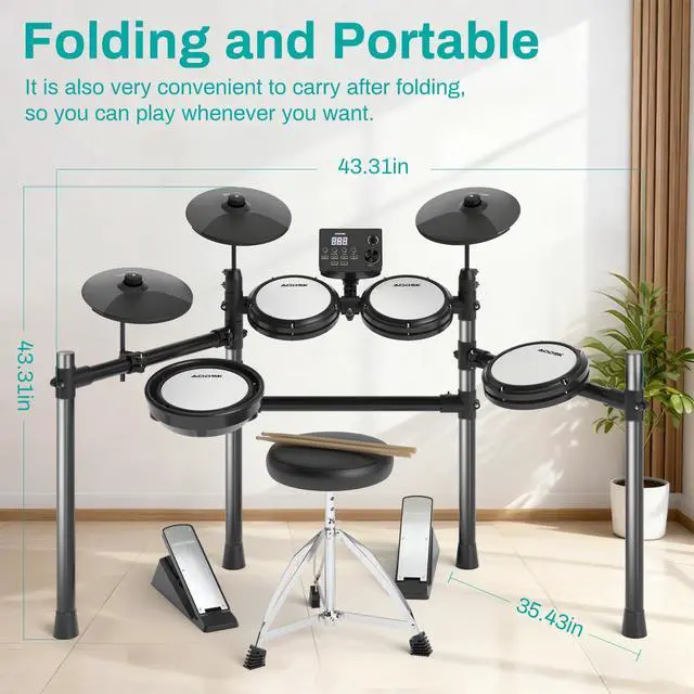 Alt view image 5 of 7 - Electric Drum Set with Quiet Mesh Pads,Electronic Drum for Beginner,USB MIDI,Throne,Headphones,Sticks, Included 15 Kits and 195 Sounds (AED-403-Teenagers Beginners)