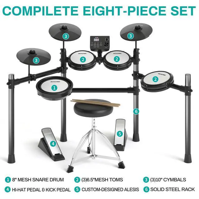 Alt view image 3 of 7 - Electric Drum Set with Quiet Mesh Pads,Electronic Drum for Beginner,USB MIDI,Throne,Headphones,Sticks, Included 15 Kits and 195 Sounds (AED-403-Teenagers Beginners)