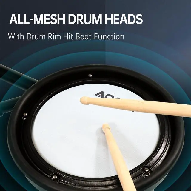 Alt view image 7 of 7 - Electric Drum Set with Quiet Mesh Pads,Electronic Drum for Beginner,USB MIDI,Throne,Headphones,Sticks, Included 15 Kits and 195 Sounds (AED-403-Teenagers Beginners)