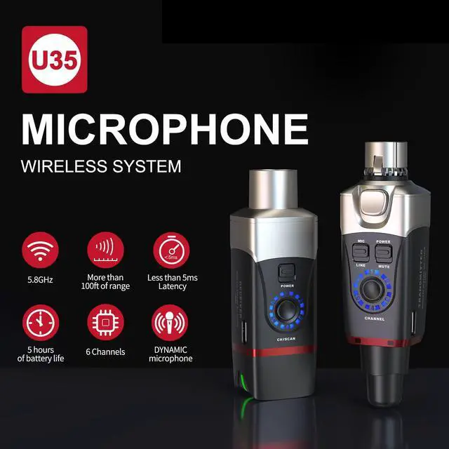 Alt view image 2 of 6 - U35 Wireless Microphone System with 5.8GHz XLR Transmitter and Receiver for Dynamic Microphone