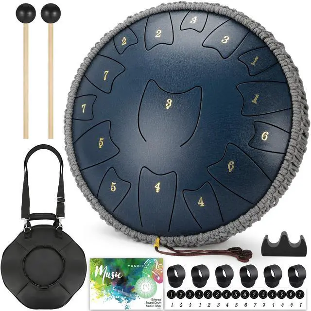 Main image of Steel Tongue Drum 6 Inch 8 Notes, Rain Drum for Outdoor Garden, Easy-Play Percussion Instrument, Unique Gift for Music Lovers, with Mallets, Carry Bag & Music Book (Deep Blue, 14 Inch 15 Notes)